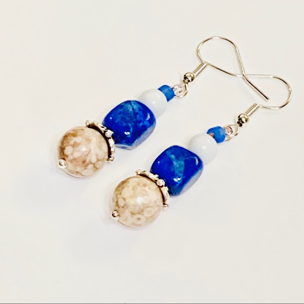 Simple Blue & Almond Ancient Fossilized Coral Semi-precious Stone Earrings